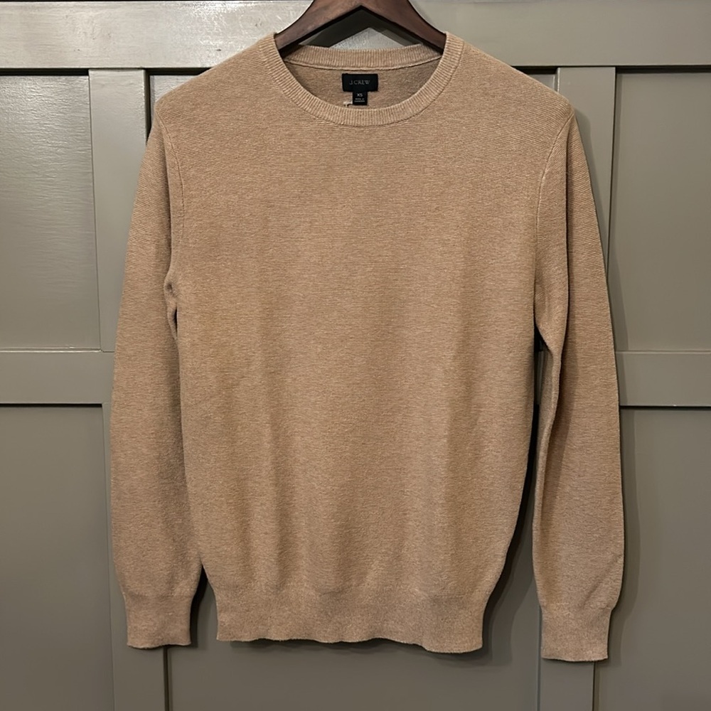 J. Crew Cotton Crewneck Sweater in Garter Stitch Camel Tan Size XS